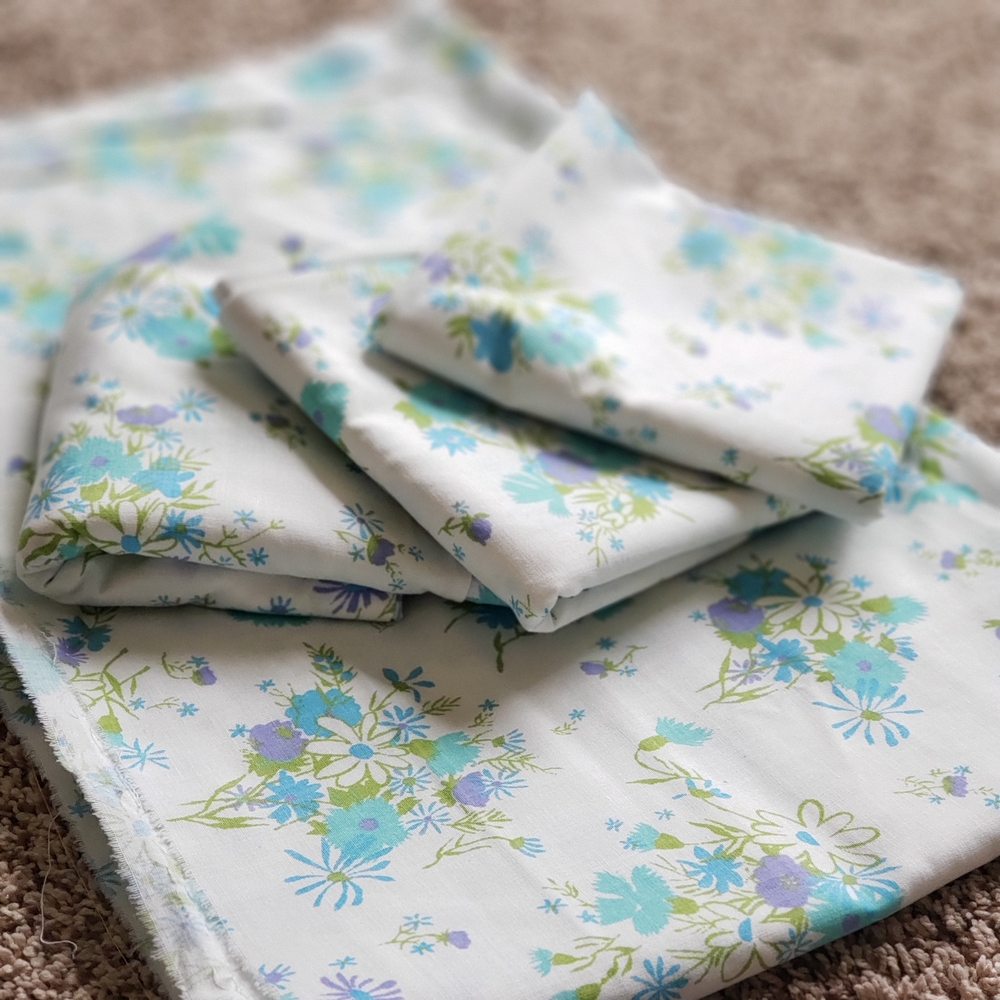 1960s Vintage Cotton Aqua Blue Mint White Floral Lot Of 4 Remnants #81